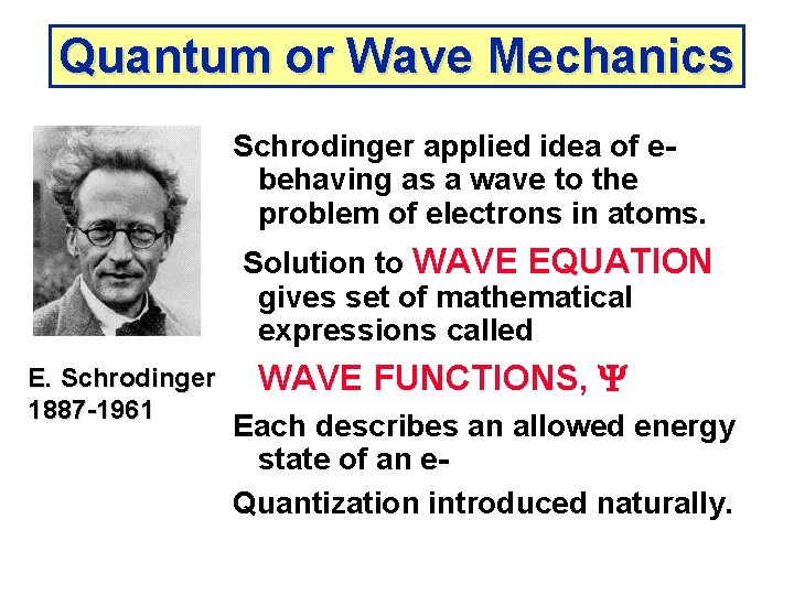 Quantum or Wave Mechanics Schrodinger applied idea of ebehaving as a wave to the