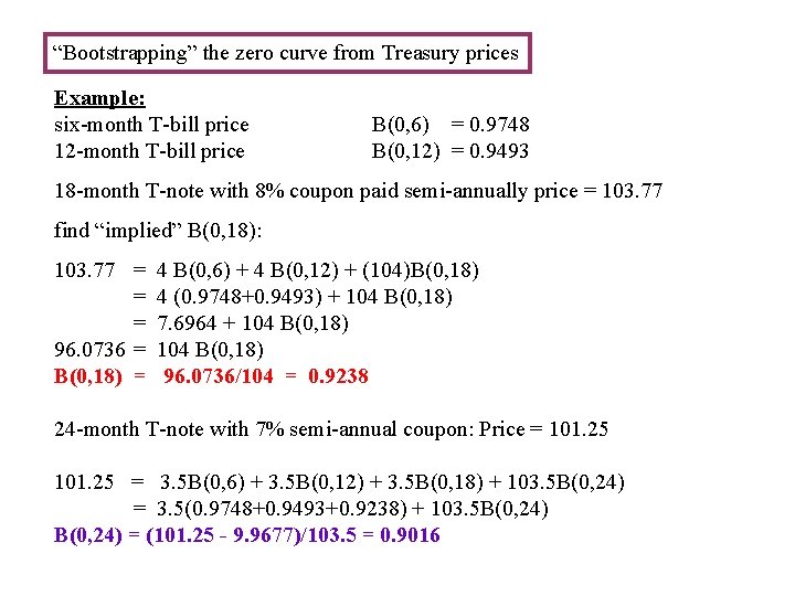 “Bootstrapping” the zero curve from Treasury prices Example: six-month T-bill price 12 -month T-bill