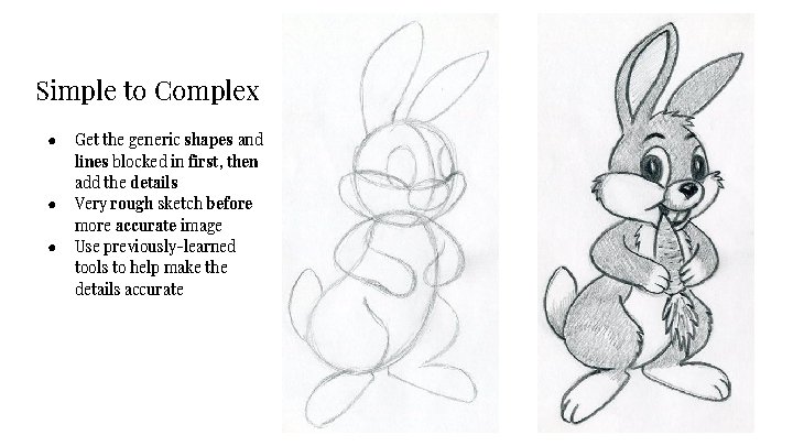 Simple to Complex ● ● ● Get the generic shapes and lines blocked in