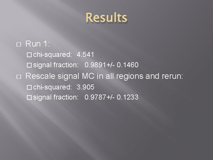 Results � Run 1: � chi-squared: 4. 541 � signal fraction: 0. 9891+/- 0.