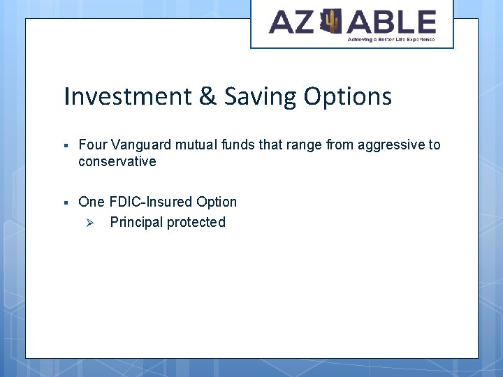 Investment & Saving Options § Four Vanguard mutual funds that range from aggressive to