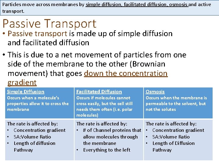 Particles move across membranes by simple diffusion, facilitated diffusion, osmosis and active transport. Passive