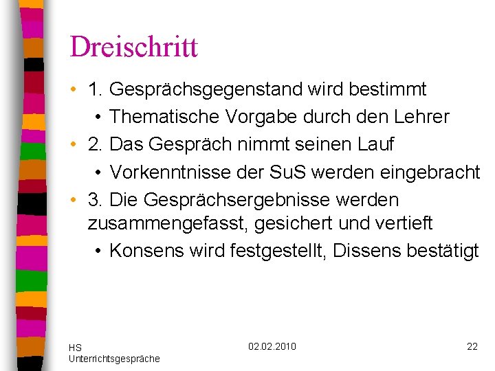 Dreischritt • 1. Gesprächsgegenstand wird bestimmt • Thematische Vorgabe durch den Lehrer • 2.