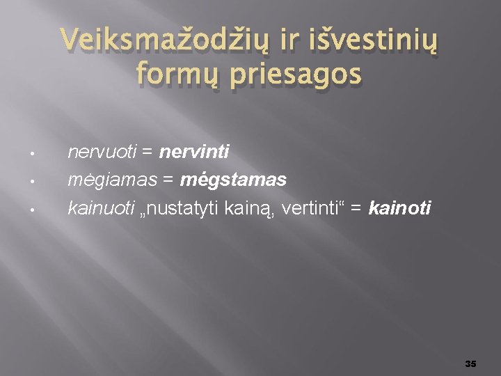 Veiksmažodžių ir išvestinių formų priesagos • • • nervuoti = nervinti mėgiamas = mėgstamas