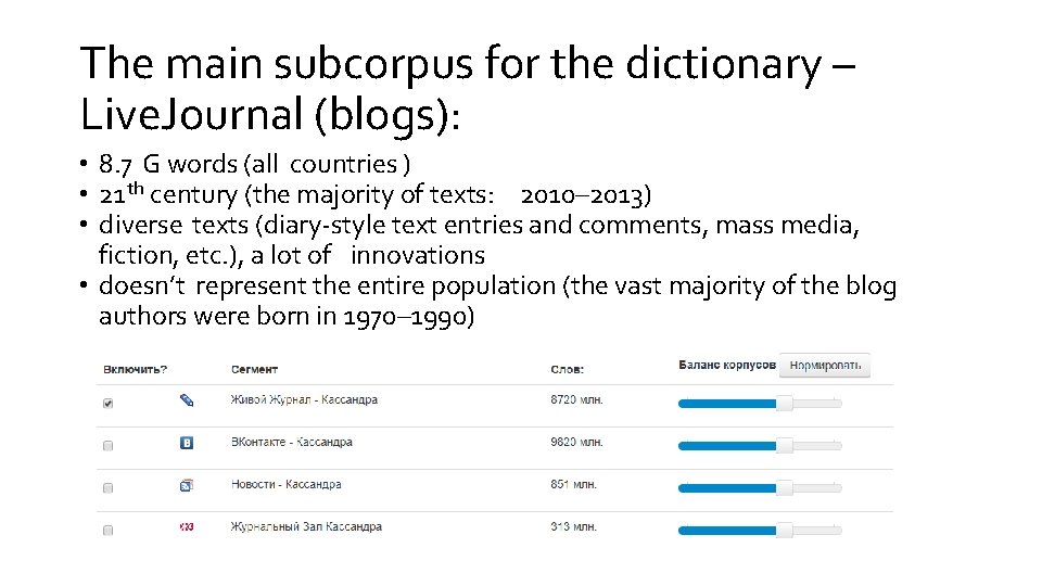 The main subcorpus for the dictionary – Live. Journal (blogs): • 8. 7 G