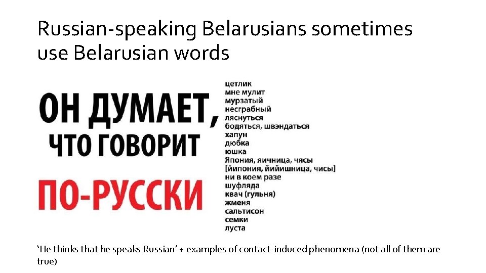 Russian-speaking Belarusians sometimes use Belarusian words ‘He thinks that he speaks Russian’ + examples