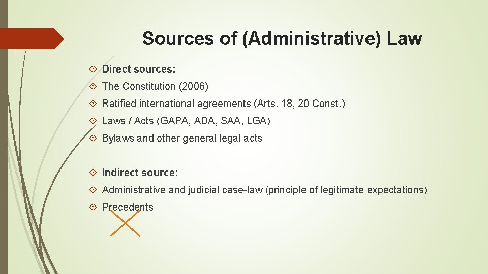 Sources of (Administrative) Law Direct sources: The Constitution (2006) Ratified international agreements (Arts. 18,