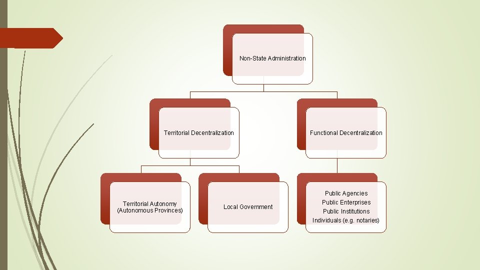 Non-State Administration Territorial Decentralization Territorial Autonomy (Autonomous Provinces) Local Government Functional Decentralization Public Agencies