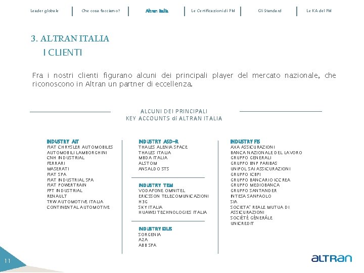 Leader globale Che cosa facciamo? Altran Italia Le Certificazioni di PM Gli Standard Le