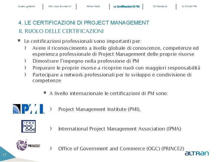 Leader globale Che cosa facciamo? Altran Italia Le Certificazioni di PM Gli Standard Le