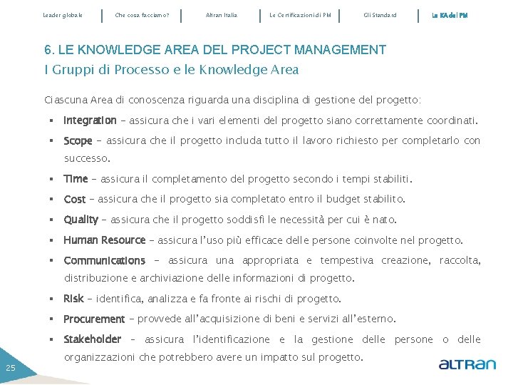 Leader globale Che cosa facciamo? Altran Italia Le Certificazioni di PM Gli Standard Le