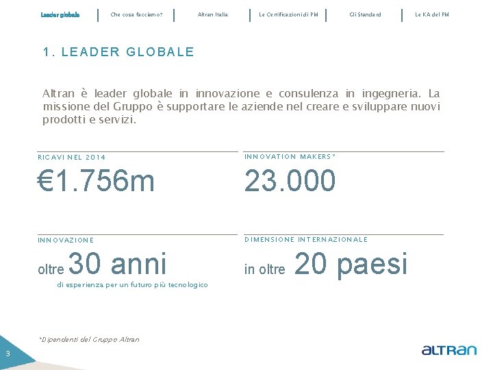 Leader globale Che cosa facciamo? Altran Italia Le Certificazioni di PM Gli Standard Le