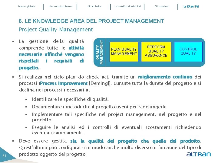 Leader globale Che cosa facciamo? Altran Italia Le Certificazioni di PM Gli Standard Le