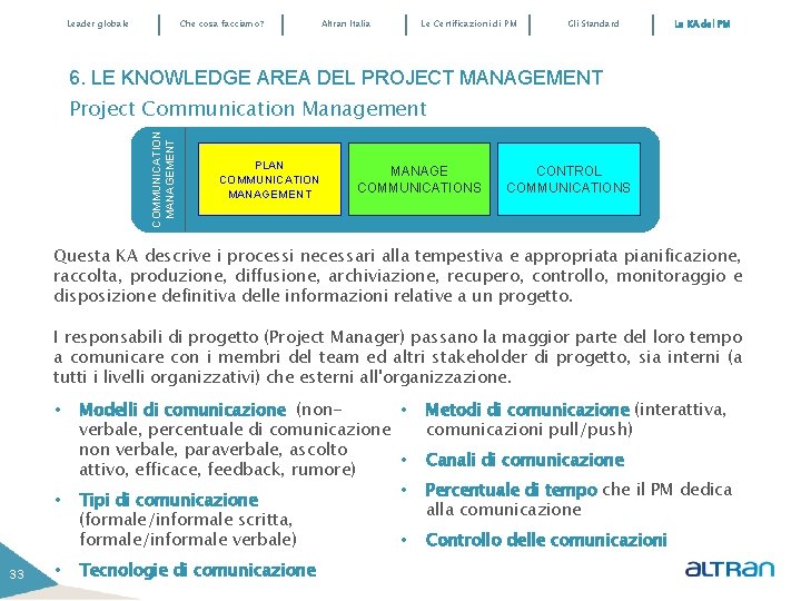 Leader globale Che cosa facciamo? Altran Italia Le Certificazioni di PM Gli Standard Le