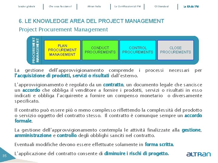 Leader globale Che cosa facciamo? Altran Italia Le Certificazioni di PM Gli Standard Le