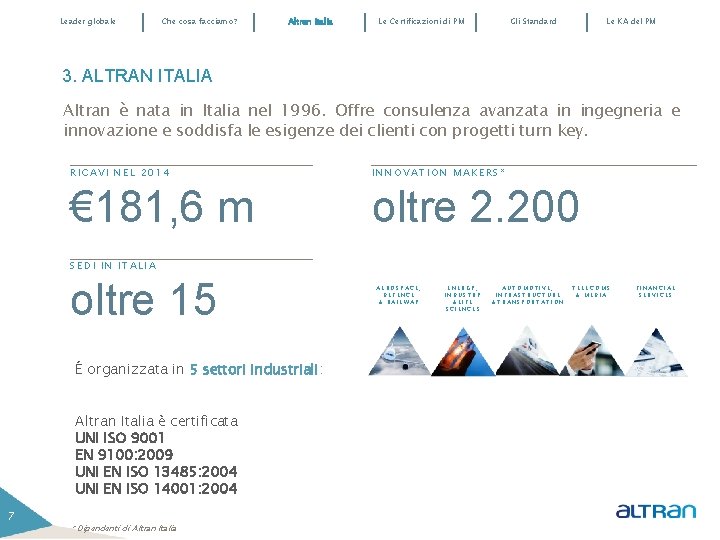 Leader globale Che cosa facciamo? Altran Italia Le Certificazioni di PM Gli Standard Le