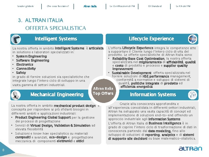 Leader globale Che cosa facciamo? Altran Italia Le Certificazioni di PM Gli Standard Le