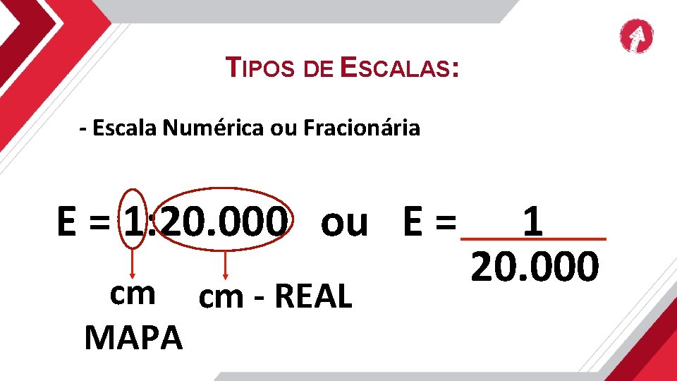 TIPOS DE ESCALAS: - Escala Numérica ou Fracionária E = 1: 20. 000 ou