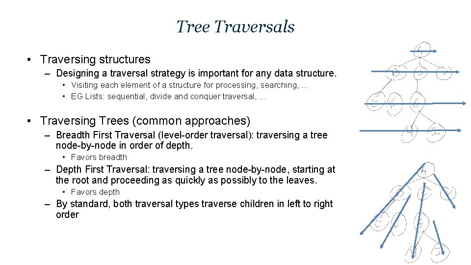 Tree Traversals • Traversing structures – Designing a traversal strategy is important for any