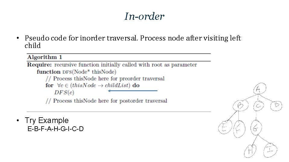 In-order • Pseudo code for inorder traversal. Process node after visiting left child •