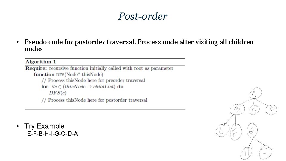 Post-order • Pseudo code for postorder traversal. Process node after visiting all children nodes