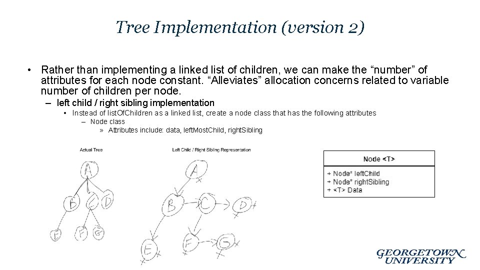 Tree Implementation (version 2) • Rather than implementing a linked list of children, we