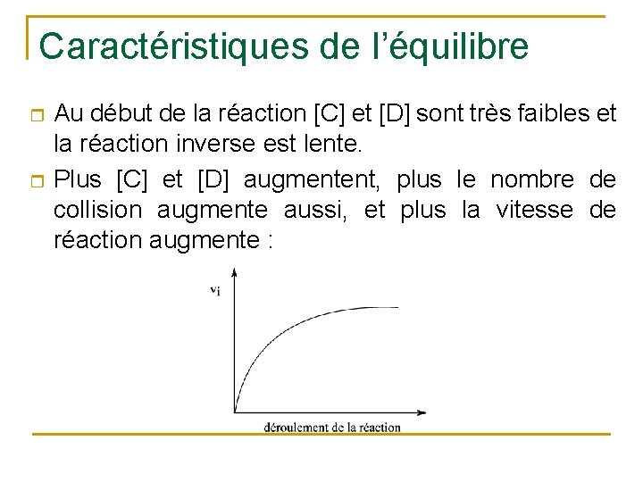 Caractéristiques de l’équilibre r r Au début de la réaction [C] et [D] sont