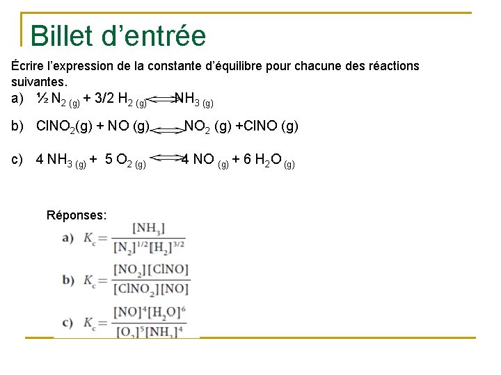 Billet d’entrée Écrire l’expression de la constante d’équilibre pour chacune des réactions suivantes. a)