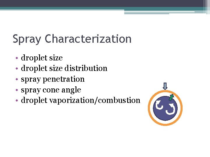 Spray Characterization • • • droplet size distribution spray penetration spray cone angle droplet