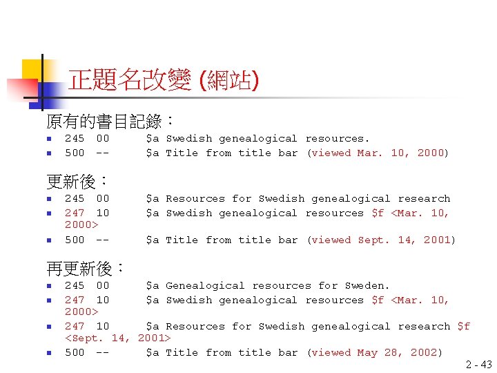 正題名改變 (網站) 原有的書目記錄： n n 245 500 00 -- $a Swedish genealogical resources. $a