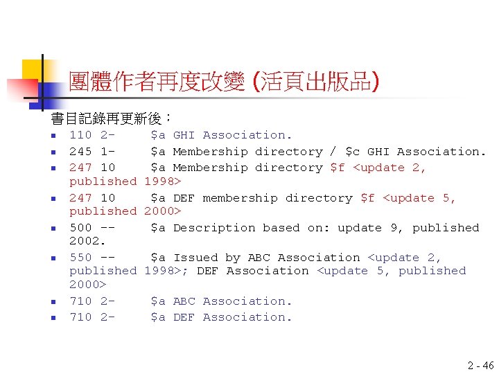 團體作者再度改變 (活頁出版品) 書目記錄再更新後： n n n n 110 2$a GHI Association. 245 1$a Membership