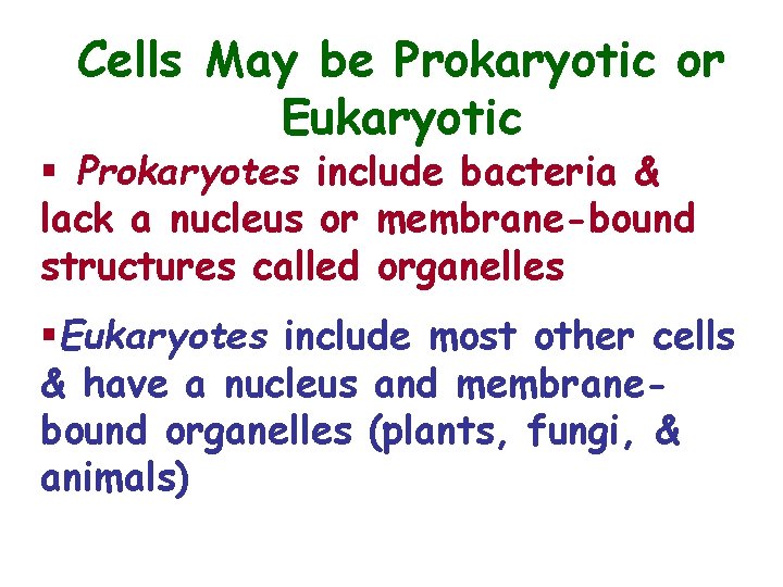Cells May be Prokaryotic or Eukaryotic § Prokaryotes include bacteria & lack a nucleus
