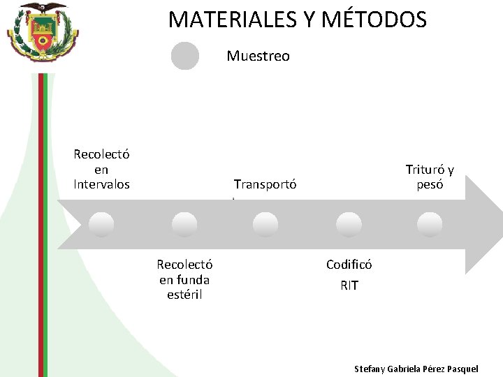 MATERIALES Y MÉTODOS Muestreo Recolectó en Intervalos Trituró y pesó Transportó Recolectó en funda