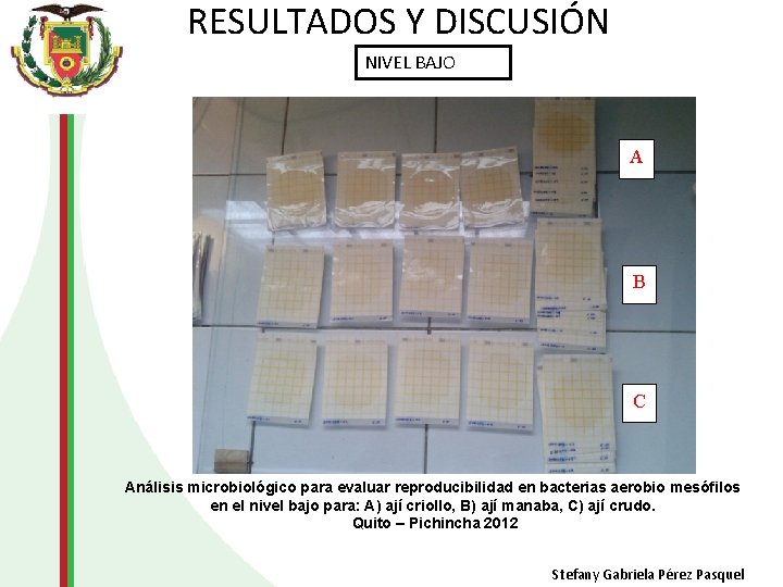 RESULTADOS Y DISCUSIÓN NIVEL BAJO A B C Análisis microbiológico para evaluar reproducibilidad en