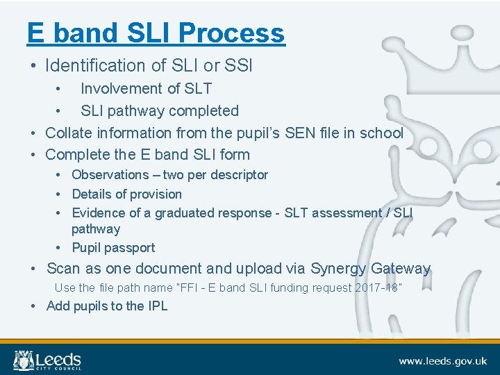 E band SLI Process • Identification of SLI or SSI • Involvement of SLT