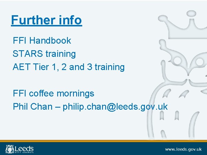 Further info FFI Handbook STARS training AET Tier 1, 2 and 3 training FFI