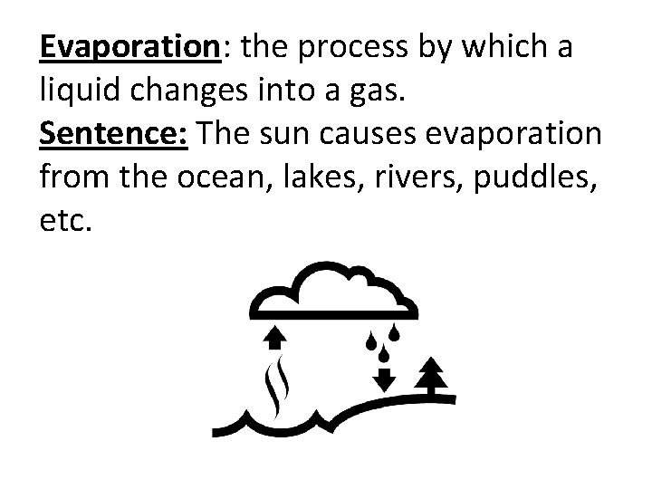 Evaporation: the process by which a liquid changes into a gas. Sentence: The sun