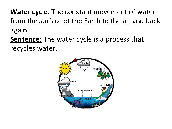 Water cycle: The constant movement of water from the surface of the Earth to