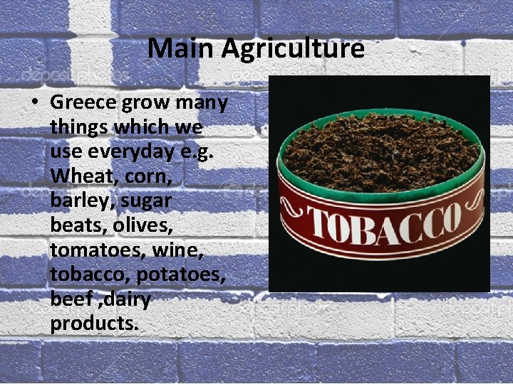 Main Agriculture • Greece grow many things which we use everyday e. g. Wheat,