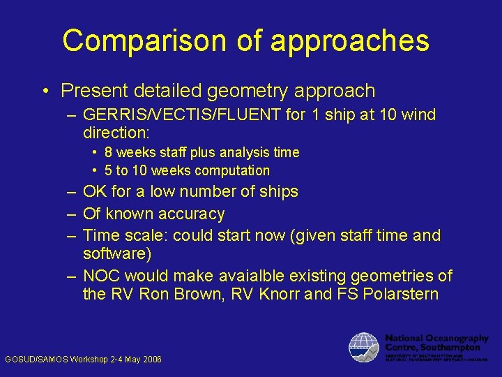 Comparison of approaches • Present detailed geometry approach – GERRIS/VECTIS/FLUENT for 1 ship at