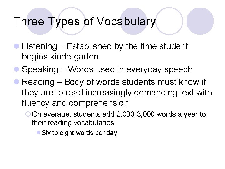 Three Types of Vocabulary l Listening – Established by the time student begins kindergarten