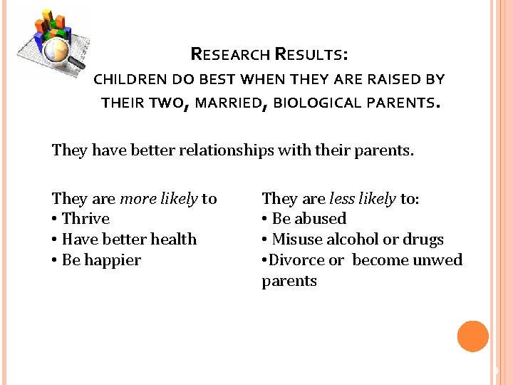 RESEARCH RESULTS: CHILDREN DO BEST WHEN THEY ARE RAISED BY THEIR TWO, MARRIED, BIOLOGICAL