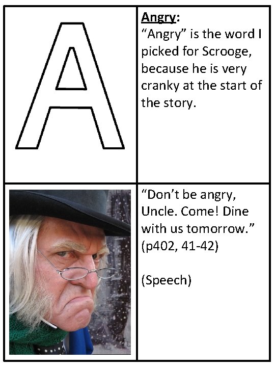 Angry: “Angry” is the word I picked for Scrooge, because he is very cranky