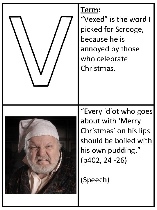 Term: “Vexed” is the word I picked for Scrooge, because he is annoyed by
