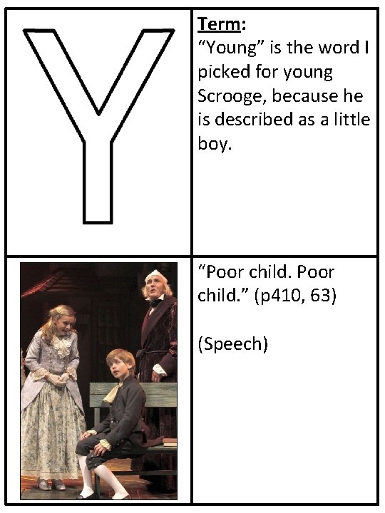 Term: “Young” is the word I picked for young Scrooge, because he is described