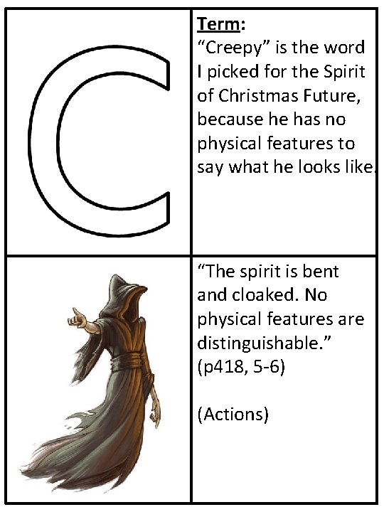 Term: “Creepy” is the word I picked for the Spirit of Christmas Future, because