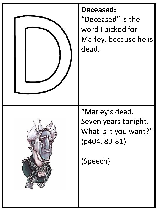 Deceased: “Deceased” is the word I picked for Marley, because he is dead. “Marley’s