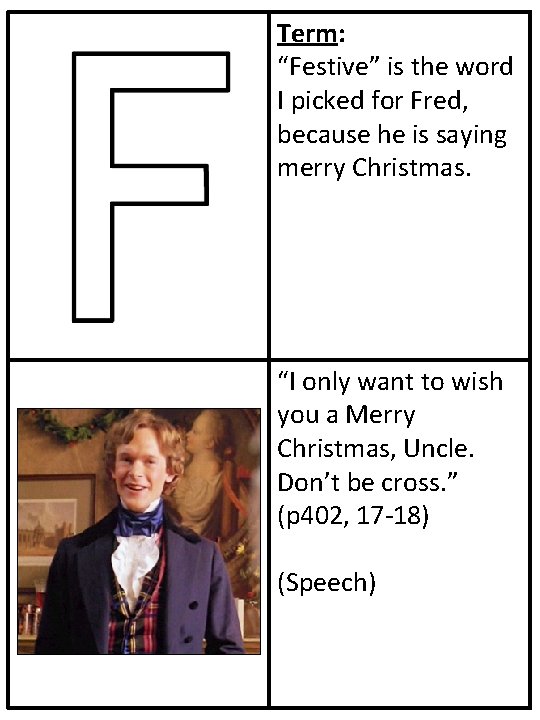 Term: “Festive” is the word I picked for Fred, because he is saying merry