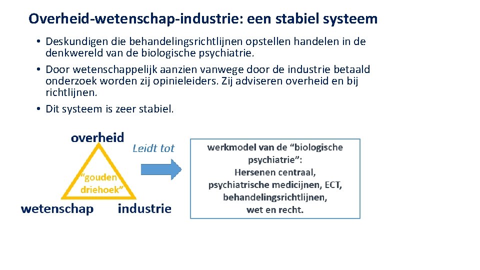 Overheid-wetenschap-industrie: een stabiel systeem • Deskundigen die behandelingsrichtlijnen opstellen handelen in de denkwereld van