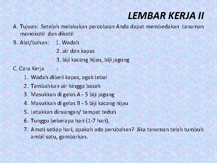 LEMBAR KERJA II A. Tujuan: Setelah melakukan percobaan Anda dapat membedakan tanaman monokotil dan